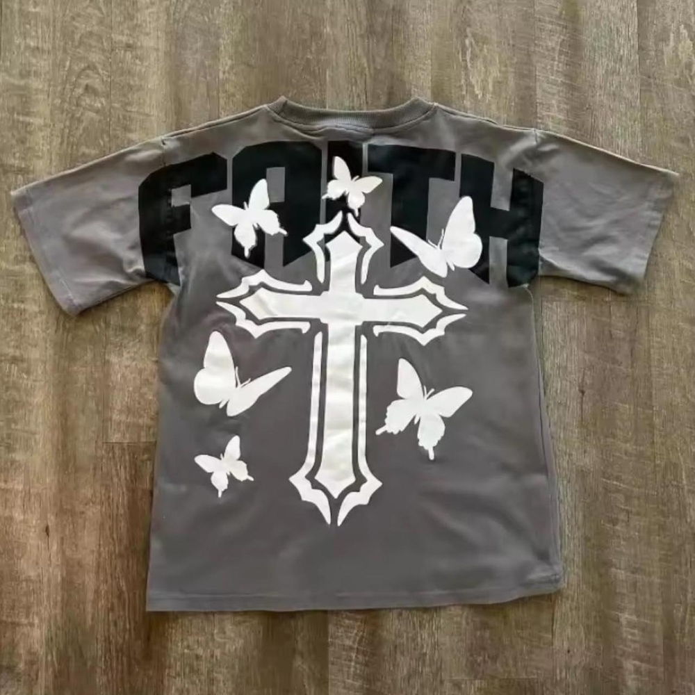 Kids Gray T-Shirt with Cross and Butterfly Design
